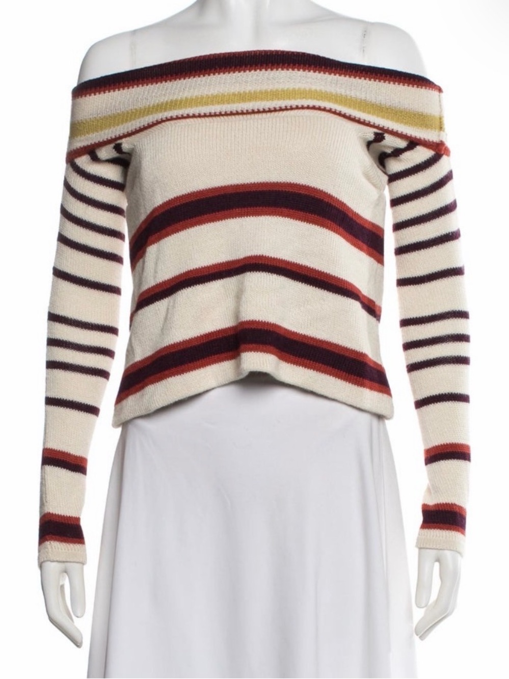 Silvia Tcherassi off-Shoulder Striped Cream Sweater with Rust and Navy Accents